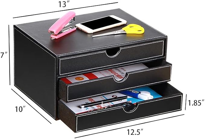 Ayunga Leather Desk Organizer with 3 Drawers, Executive Office Supplies Desktop Filing A4 File Cabinet/Holder,Stackable Storage Box for Jewelry/Bill/Documents/Makeup Home Decor Accessories(Black)
