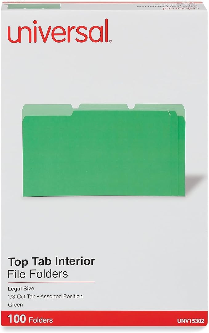 Universal 15302 Interior File Folders, 1/3 Cut Tab, Legal Size, Green, 100/Box