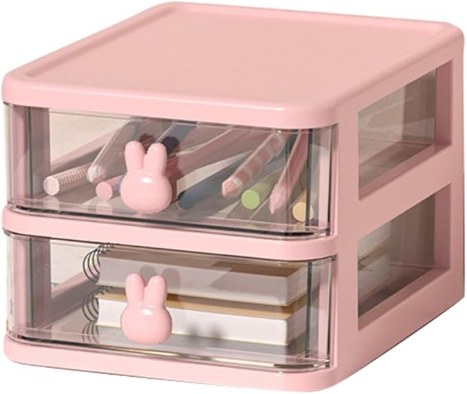 ZJchao Plastic Drawers Organizer Plastic Storage Drawer Desk Drawer Organizer Multi Tier Large Capacity Transparent with Bunny Handle for Office Supplies Books Pens (Pink, 2 Tier(13.4x17x11cm))