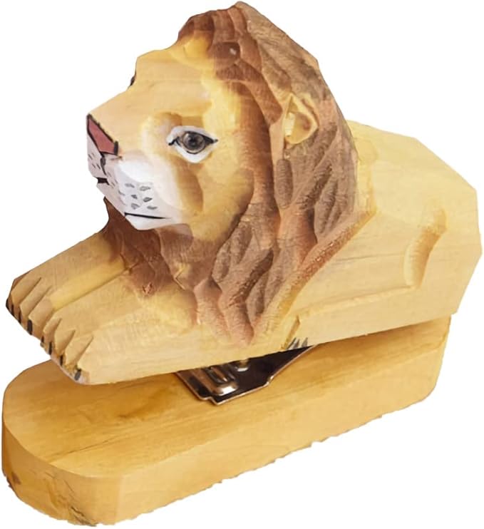 Wooden Animal Stapler, Desktop Stitcher Art Figurine Statue Sculpture Wooden Stapler for School Office Stationery (Lion)
