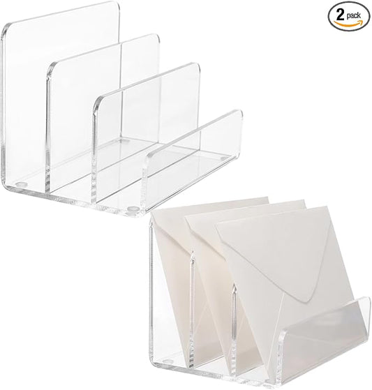 2 PCS Acrylic Mail Organizer, Clear Vertical Letter Holder with 3 Compartments, Divided File Sorter Desk Organizer for Mail Envelopes Letters Documents Home Office Storage Holder