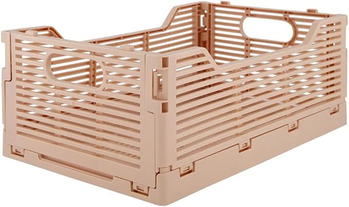 OnDisplay Stackable Folding Desk/Beauty/Closet Storage Crate - Foldable Space Saving Bins for Home Kitchen Classroom Office Vanity Bathroom Pantry (Single Medium - No Letters, Blush Pink)