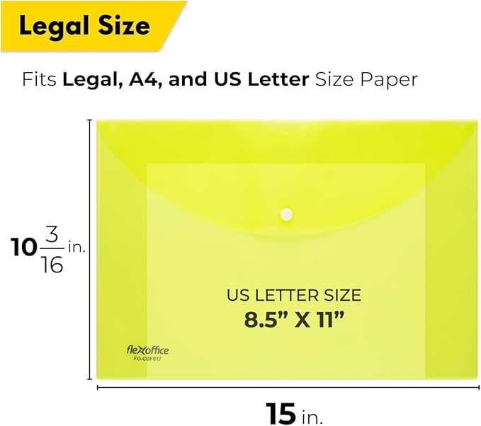 FLEXOFFICE 12 Pack Yellow Plastic Envelopes with Snap Closure, Legal Size, 15"x10.2", File Folders for A4 Size, Letter Documents for Business, School, Home