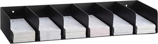Gisafai Metal Check Sorter Organizer 6 Pockets, 16 x 3.75 x 8 Inch Black Steel Document Holder Wall Mountable, Heavy Duty Countertop Receipt Storage Rack for Bank, Office, Retail, Restaurant