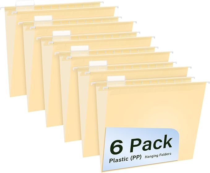 Plastic Hanging File Folders, 6 Pack Manila Hanging Folders，Letter Size with 1/5-Cut Tabs, Strong for Bulk Files, Documents and Paper, Office & Home Filing