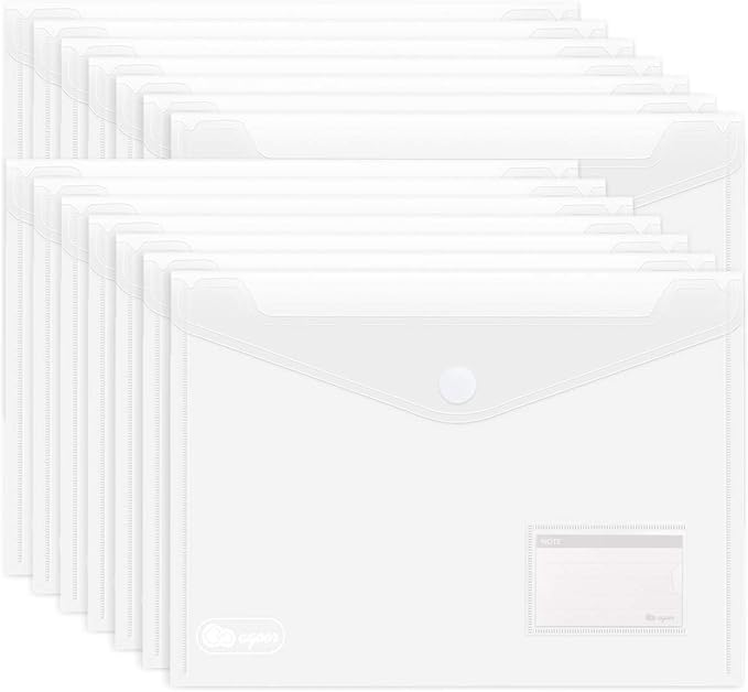 ABSOFINE 25 Pack Transparent Plastic Envelope Folders, A4 Letter Size, 100% Clear, Hook & Loop Closure, Label Pocket, Easy Storage