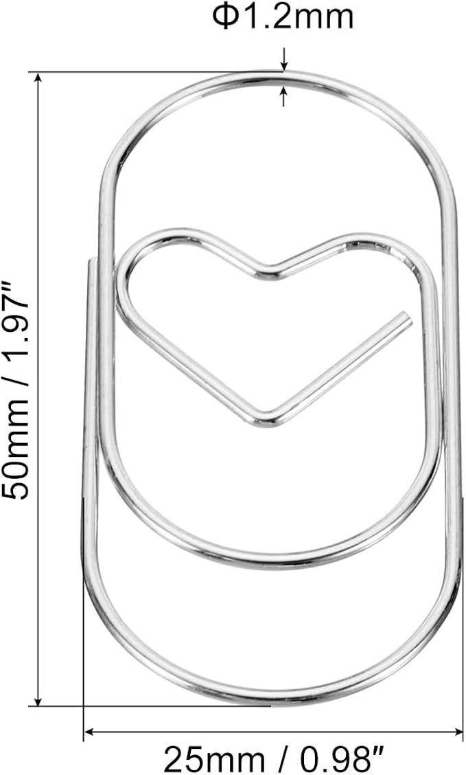 MECCANIXITY Paper Clip Heart-Shaped Cute Decorative Fun Clips Bookmarks 2 Inch Silver Tone for Organize Office Home, Pack of 50
