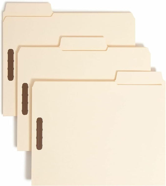 Smead SuperTab® Heavyweight Fastener File Folder, 2 Fasteners, Oversized Reinforced 1/3-Cut Tab, Guide Height, Letter Size, Manila, 50 per Box (14545)