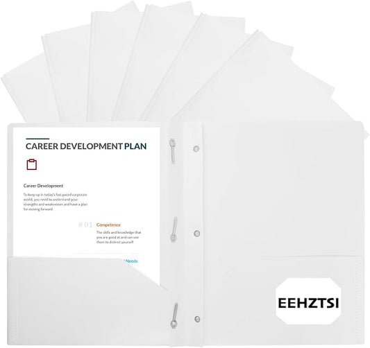 12-Pack Plastic Folders with Pockets and Prongs, 2-Pocket Poly Folders with 3 Fasteners Holds 8-1/2" x 11" Paper for School/Office/Home, White