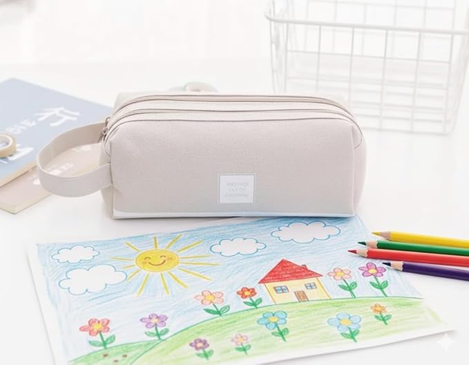 Large Capacity Pencil Case Organizer with 2 Zipper Pockets, Durable Canvas Stationery Bag for School and Office Supplies, Multi-Purpose Pen Pouch and Travel Storage Case (Beige)