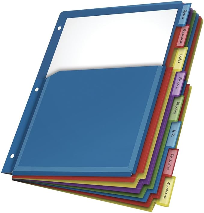 Cardinal Expanding Poly Pocket Dividers - 8 Tab Dividers w/Pockets for 3 Ring Binder - Multi Colors for Filing & Organizing Documents - Perfect for Home, Office, & School Use - 8 Dividers (Pack of 1)