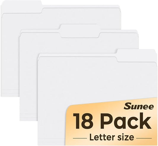 SUNEE File Folders, 18 Pack Manilla Folders 8.5 x 11, 1/3 Cut Tab for Easy Labeling and Organization, Durable Standard Paper for Home, Office, School Filing, White