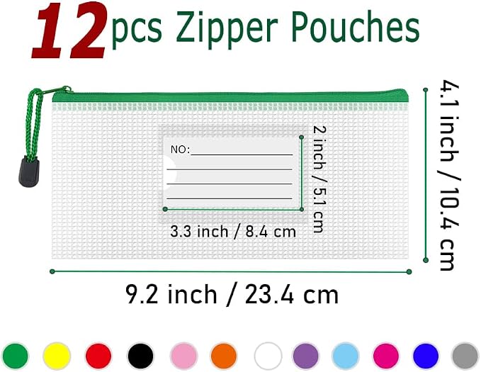 Plastic Mesh Zipper Pouch, 12Pcs Zipper File Bags with Label Pocket, Game Boards Storage Bags, Waterproof Document Storage Bags for Office Home Travel (Receipt Size 9.2x4.1 in)