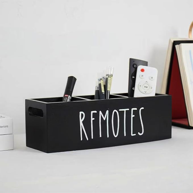 Wooden Remote Control Holder 3 Compartment Storage Box for Table Desk Home Office Living Room School (Black)