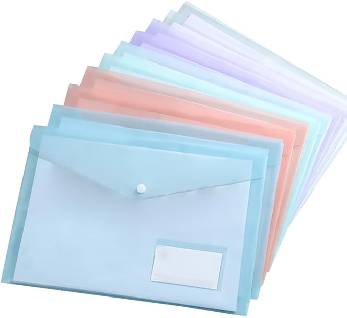 10 Pcs Plastic Envelopes Folders Label Pocket Folders Colored File Folders A4 Size Documents Folders Letter Paper Folders with Button Snap Closure for Work Office