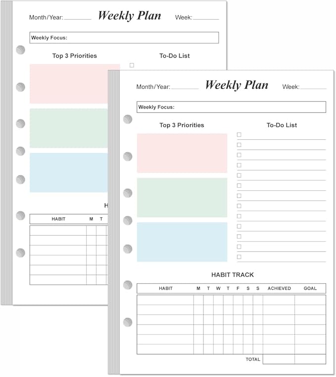 (2-PACK) Weekly Planner Refills for 3 or 7 Ring Mini Binders - 106 Sheets/212 Pages Undated Colorful Weekly Planner, 100 gsm White Paper, Lasts 2 Year, Undated, 5.8" x 8.3"