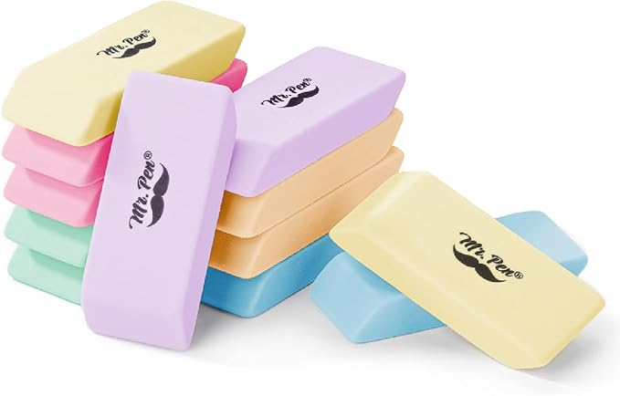 Mr. Pen- Pencil Eraser, 12 Pack, Pastel Colors, Large Latex Free Block Erasers for School, Office, Art Sketching, Homework, Exams, Clean Smudge-Free Correction