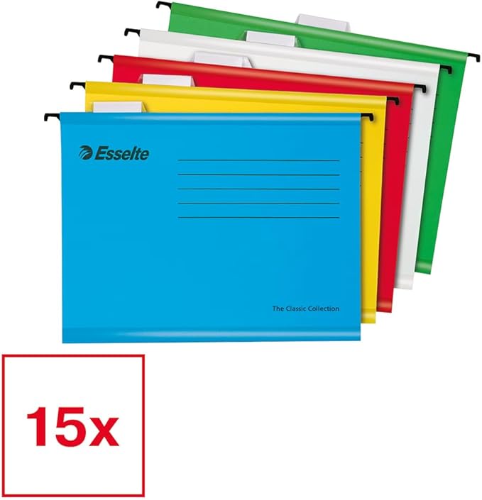 Esselte A4 Reinforced Filing Cabinet Suspension File, Pack 15 Made from Strong 100% Recycled Card, with Tabs and Card Inserts, for Home, Office, School Organisation, Assorted Colours