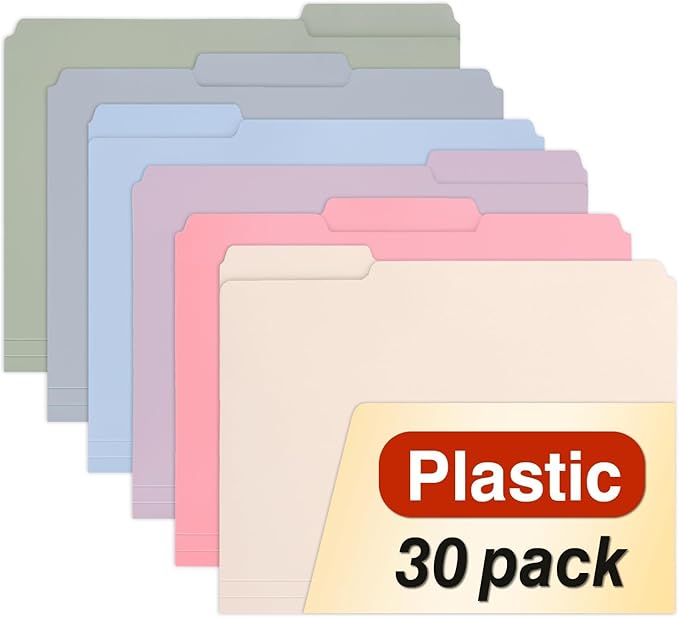 H4D 30 Pack Plastic File Folders Heavy Weight, Poly Colored File Folders 1/3-Cut Tabs with Sticky Labels, Letter Size, Pastel Colors