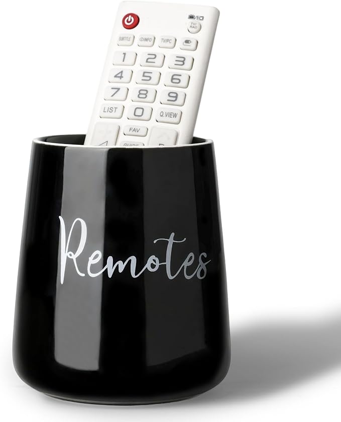 LEETOYI Ceramic Remote Control Holder, 4.1" Remote Caddy Storage, Makeup Brush Holder, Media Controllers Organizer for Living Room, Table, Bedroom & Office (Black)