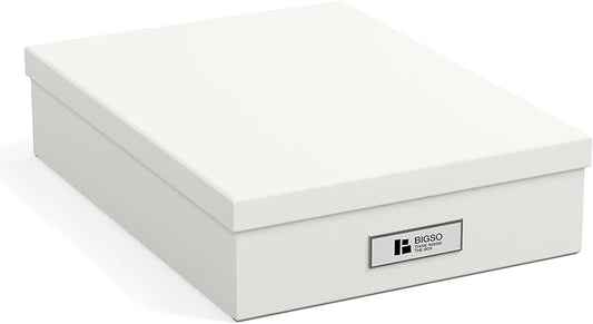 Bigso Oskar Fiberboard Label Frame Document Letter Box - File Organizer Box for Important Paperwork - Durable Document Storage with a Lid & Metal Label Window - 3.3 in x 10.2 in x 13.8 in - White