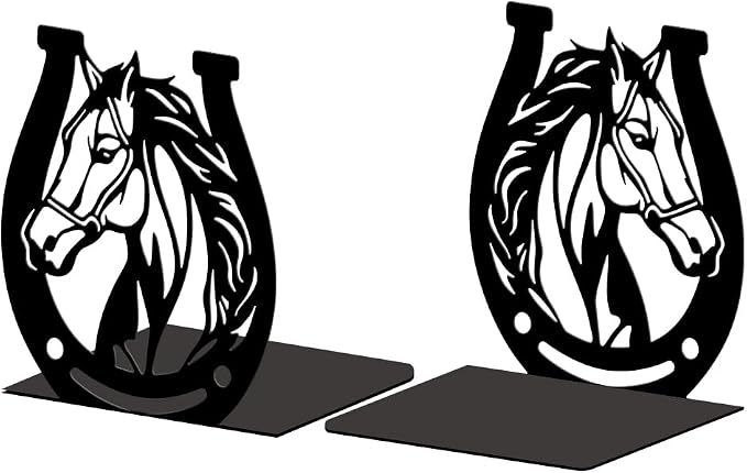 Peacoblue Metal Bookends for Shelves, Modern Decorative Heavy Duty Study Book Support Stoppers for Office, Desk, Shelf, Room 5.3"x4.3"x5.9" Cast Iron Simple Bookends, 1 Pair (Horses and Horseshoes)