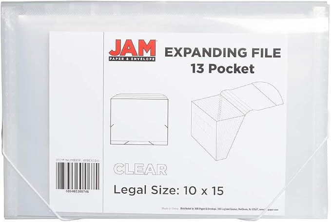 JAM PAPER Accordion Folders - 13 Pocket Plastic Expanding File - Legal Size - 10 x 15 - Clear - 2/Pack
