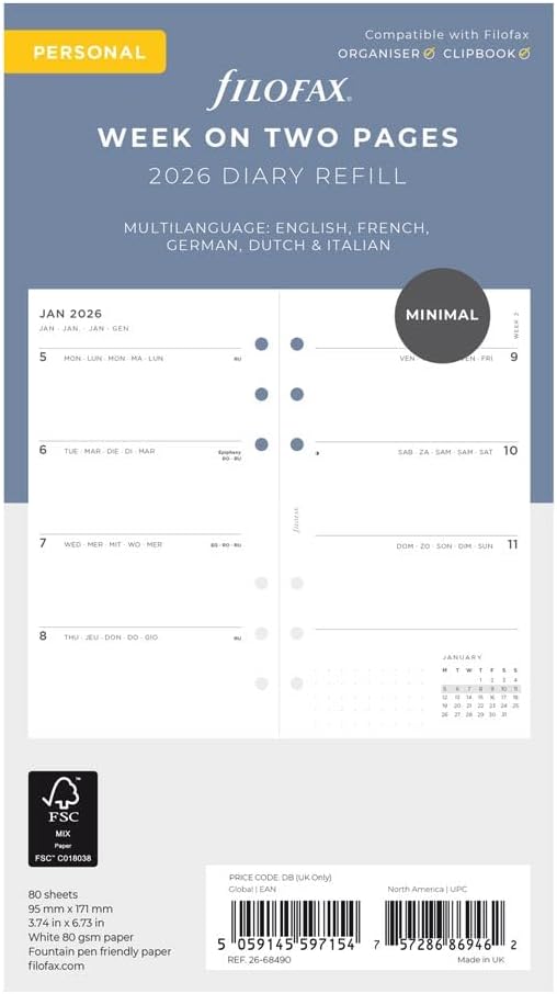 Filofax Calendar Diary Refill, Personal/Compact Size, Week-to-View, Minimal Diary Pack, White Paper, Multilingual: Five Languages, 2026 (C68490-26)