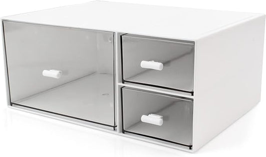 Desk Organizer Stackable Storage Drawers with 3 Compartments Stackable Drawers Great for Desk Storage, Makeup Storage Bathroom Organization Accessories Etc (White)