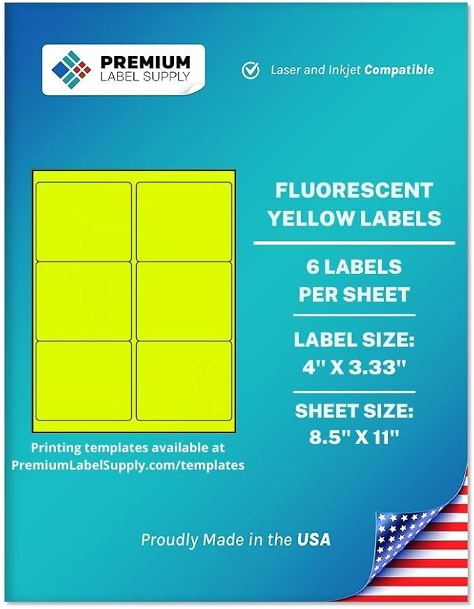 Premium Label Supply Bright Neon Color Fluorescent Stickers - 4" x 3.33" Labels - (Fluorescent Yellow, 3000 Labels)