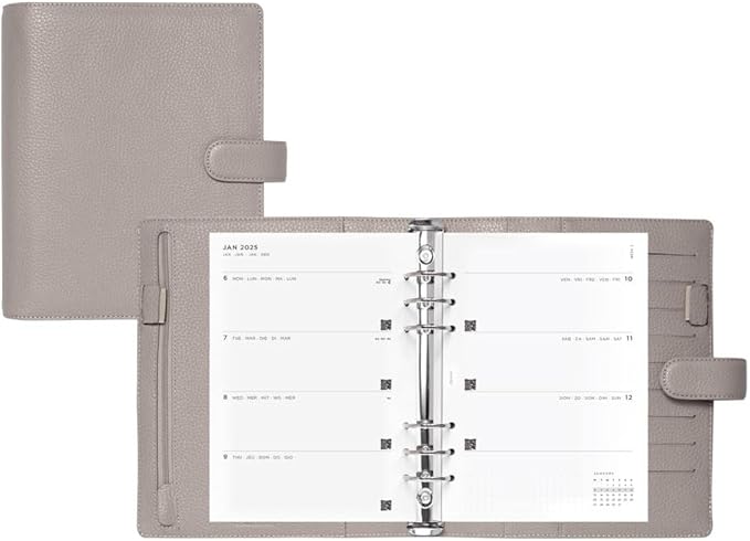 Filofax Norfolk Organizer, A5 Size, Taupe - Soft, Full-Grain Leather, Six Rings, Week-to-View Calendar Diary, Multilingual, 2025 (C022643-25)