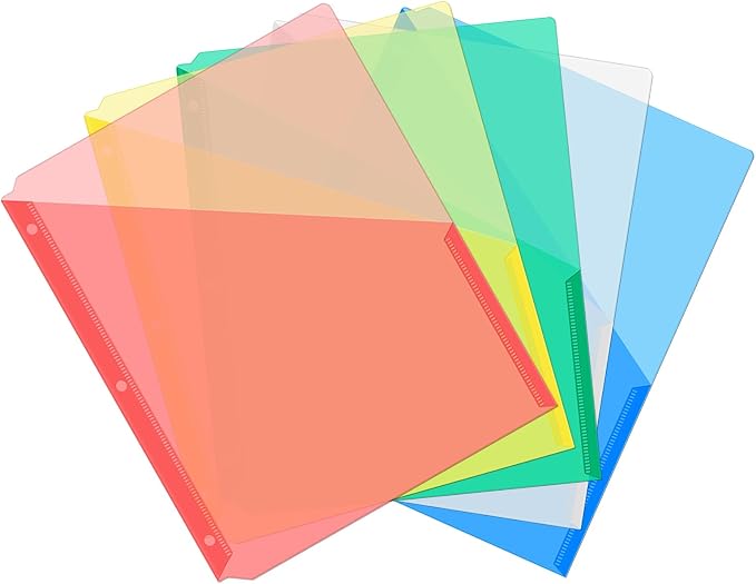 Maitys 5 Pack Binder Pockets 3 Hole Punch Clear Plastic Document Folders Binder Organizer Store Letter Size 8.5 x 11 Inch Paper Folders with Pockets Slash File Jacket for Office(Fresh Color)