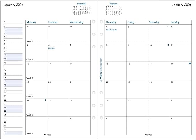 Filofax Calendar Diary Refill, A5 Size, Month-to-View, White Paper, English, 2026 (C68510-26)