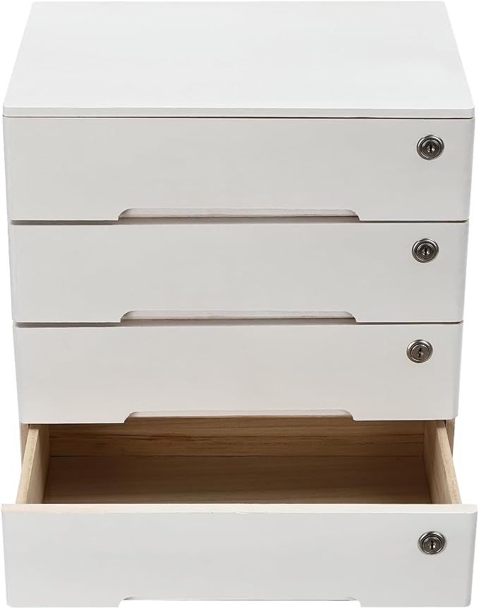 Wooden Desktop Storage Box with Lockable Drawers, Flat File Cabinet Drawer Desktop Storage Box, Countertop Storage Cabinet for Office Home Toiletries Supplies Vanity (White, 4 Drawer)