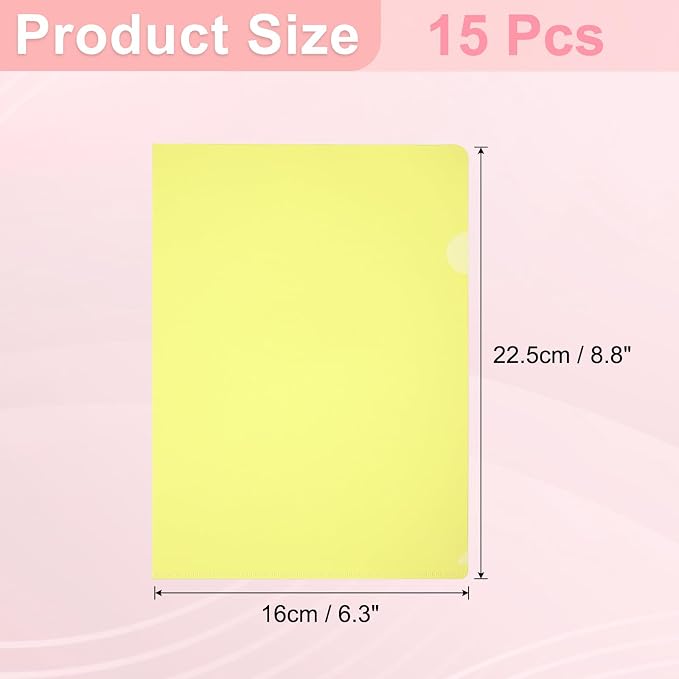PATIKIL A5 Plastic Folders, 15 Pack Clear Folders L Type Project Pockets Paper Document Jacket Sleeves L Shaped Transparent for Documents Plastic Office File, 6.3x8.8in, Yellow