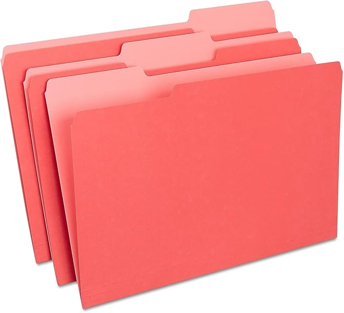 Staples Colored File Folders, Legal Size, 3‑Tab Top‑Tab Design, Red, Durable Paper Stock, 100/Pack