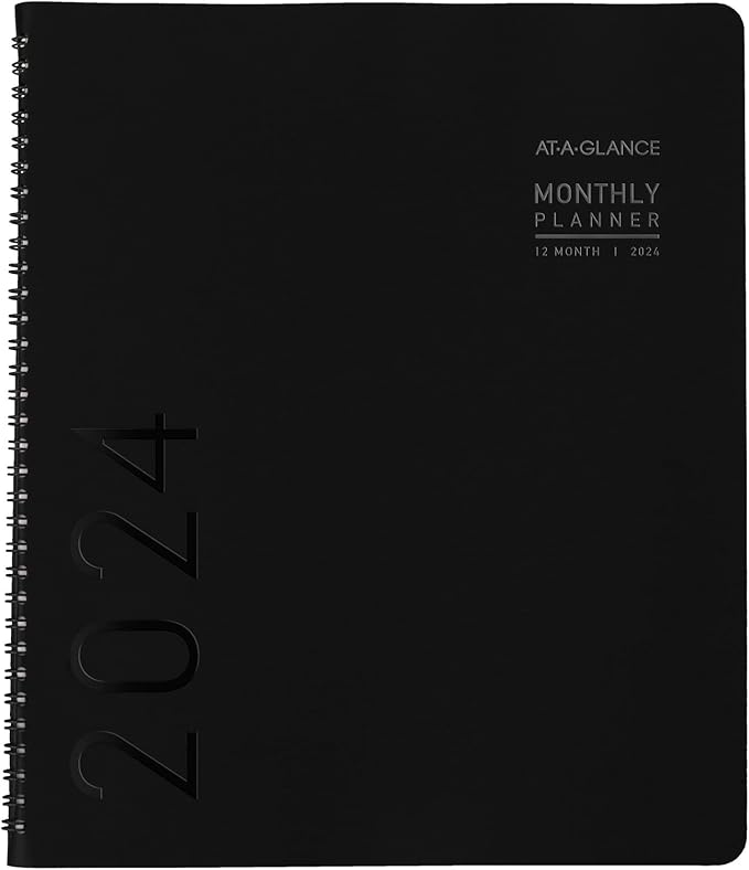 AT-A-GLANCE 2024 Monthly Planner, 9” x 11”, Large, Monthly Tabs, Pocket, Faux Leather, Contemporary, Black (70260X0524)