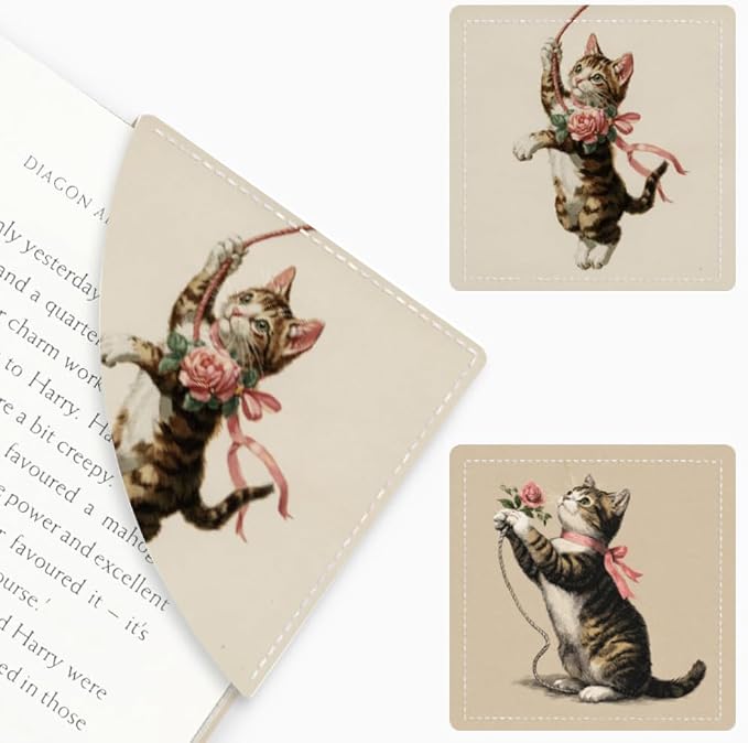 2PCS PU Leather Bookmarks 3.5x3.5 Inch Cat Rose Design | PU leather bookmarks with cat and pink rose design for novels, journals, planners, students, teachers and book lovers.