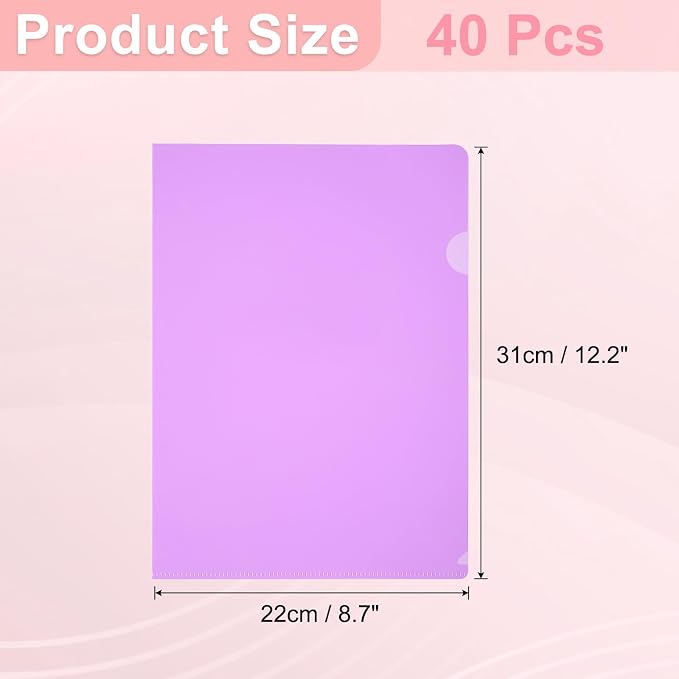 PATIKIL A4 Plastic Folders, 40 Pack Clear Folders L Type Project Pockets Paper Document Jacket Sleeves L Shaped Transparent for Documents Plastic Office File, 8.7x12.2in, Purple