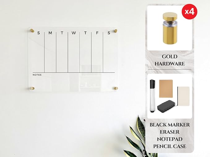 Weekly Acrylic Dry Erase Wall Calendar - To Do List & Goals Planner, Reusable Family Organizer, Office Schedule, Housewarming Gift (Gold Standoff, 40"x28")