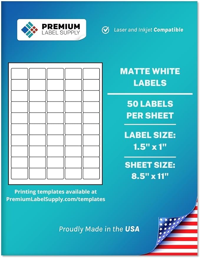 Premium Label Supply White Sticker Barcode Labels – 1.5" x 1" – Laser/Inkjet Compatible – (50 per Sheet), 1000 Sheets – 50,000 Total Adhesive Labels