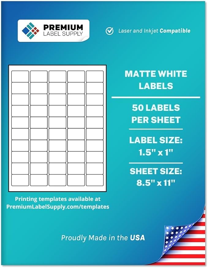 Premium Label Supply White Sticker Barcode Labels – 1.5" x 1" – Laser/Inkjet Compatible – (50 per Sheet), 2000 Sheets – 100,000 Total Adhesive Labels