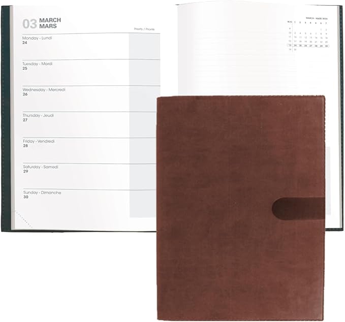 Quo Vadis 2026 Note - Bi-Lingual (EN/FR) - Weekly/Monthly Planner - 16 Months, Sept. 2024 to Dec. 2026 - 6" x 8 1/4" - Smooth Faux Suede Texas Chocolate Cover - A Modern Design for Journaling and Detailed Planning