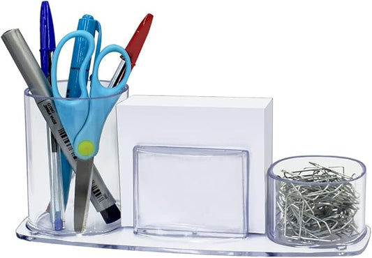 Acrimet Millennium Desk Organizer Cup Caddy – Plastic Desktop Holder for Pen, Pencil, Clips, Desk Accessories & Memo Paper – Includes 200 Sheets of Memo Paper (Clear Crystal Color)
