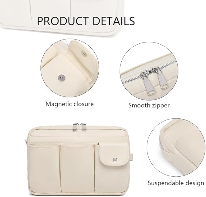 Storage Bag-arge Cosmetic Bag for Women Travel Makeup Bag Zip Up Bag Pure Cotton Canvas Can be Suspended (Creamy White)