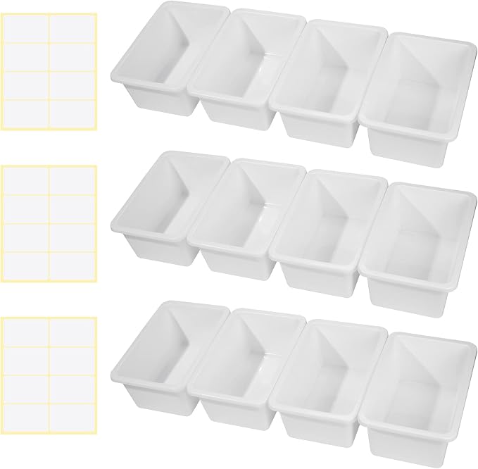 Outus 24 Pack Book Bins for Classroom Plastic Cubby Storage Bins Colored Kids Toy Organizer Container with 120 Pcs Self Adhesive Label for Student Teacher Library School Office Home(White)