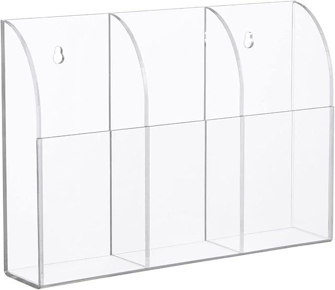 Yeeco Acrylic Remote Mount 3 Compartments, Clear Remote Control Holder, 7.9''1.6''5.6'' Wall Mount, Pen Holder for Wall, Makeup
