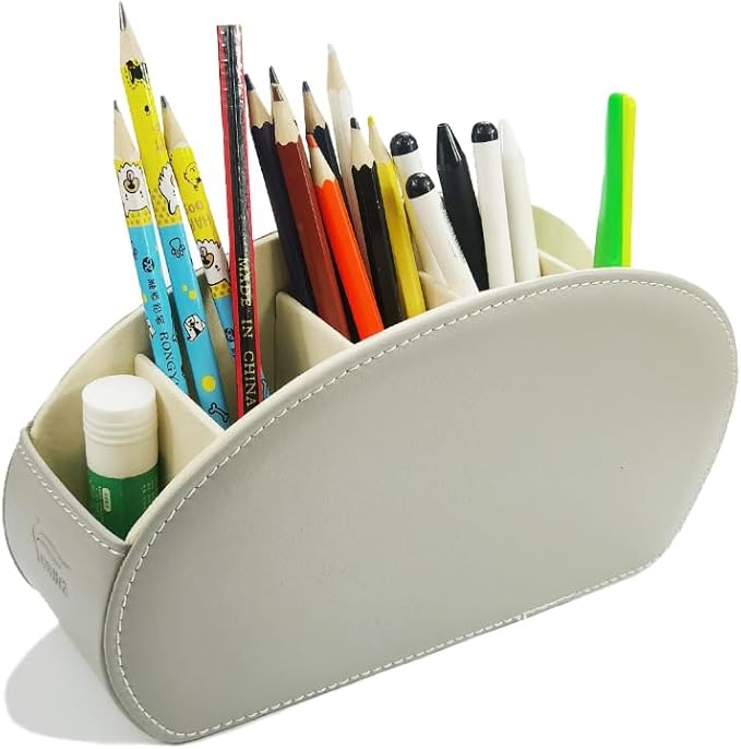 Remote Control Holder Organizer Stable Table Desk Leather Cases Control Storage TV Remote Control Organizer with 5 Spacious Compartments (Grey with Metal Bottom)