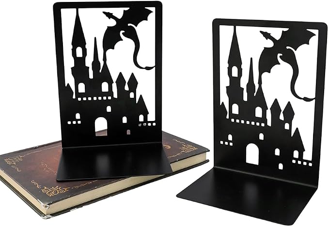 Book Ends, Bookends, Book Ends for Shelves, 1 Pair Non Skid Metal Book Divider Decorative Holder, Abstract Art Desgin Book Stopper Supports for Office, Home (Dragon C)