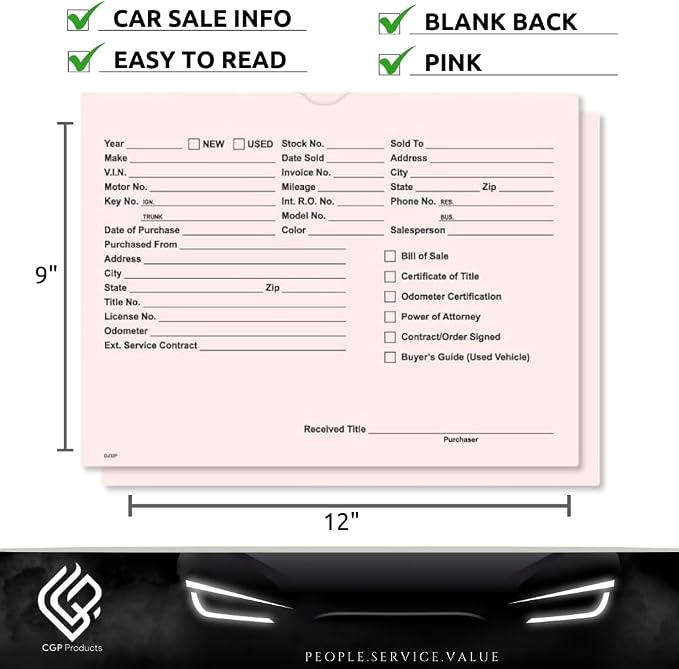 Printed Vehicle Deal Jackets Envelopes Folders for Auto Car Dealerships - 9x12 Size - Dealer Supplies - New and Used Cars - 100 Quantity (Pink)